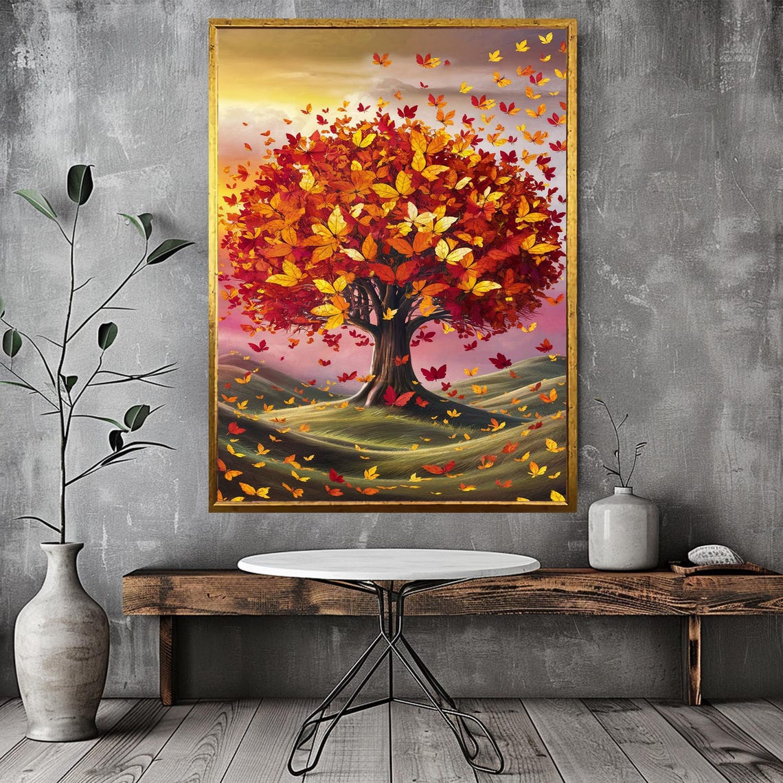 Autumn Butterfly Tree With Falling Red Gold Leaves Whimsical Wall Art - Image 3