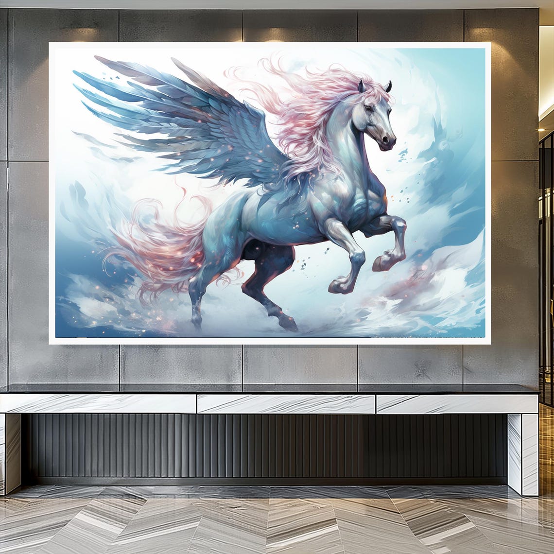 Blue Pegasus Winged Horse Flying Through Clouds Fantasy Dream Poster - Image 2