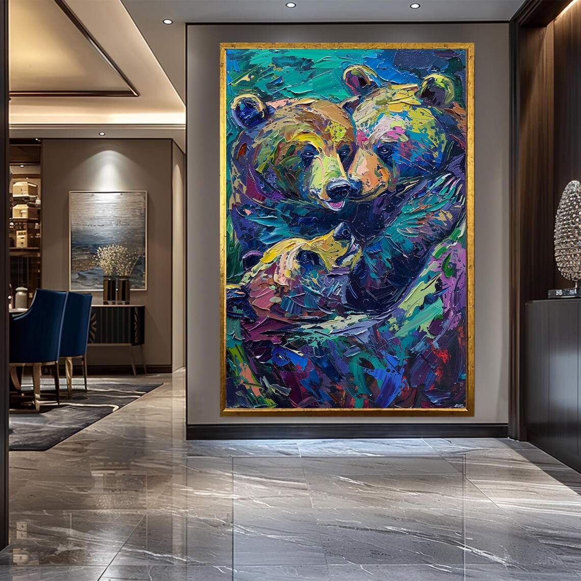 Colorful Bear Family Hug Thick Impasto Oil Style Wildlife Wall Art - Image 3