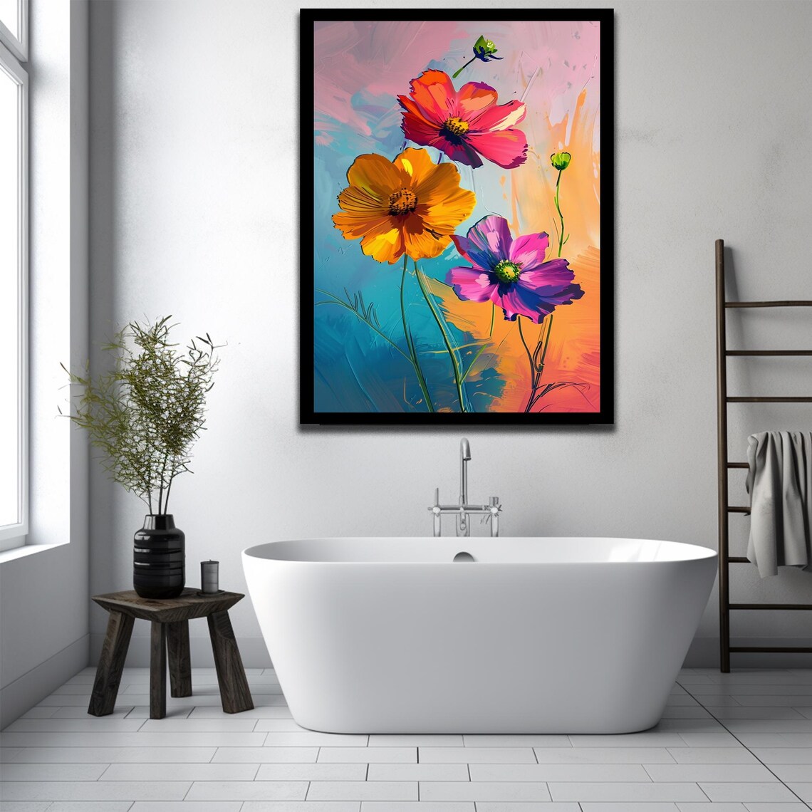 Colorful Cosmos Flowers Acrylic Painting Bold Floral Art Print - Image 3