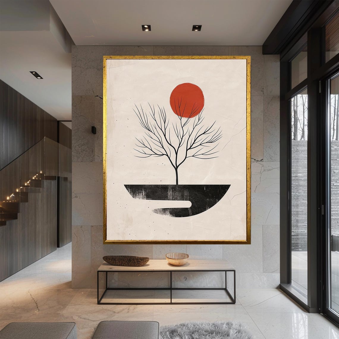 Minimalist Bare Tree Red Rising Sun Japanese Zen Style Art Poster - Image 2
