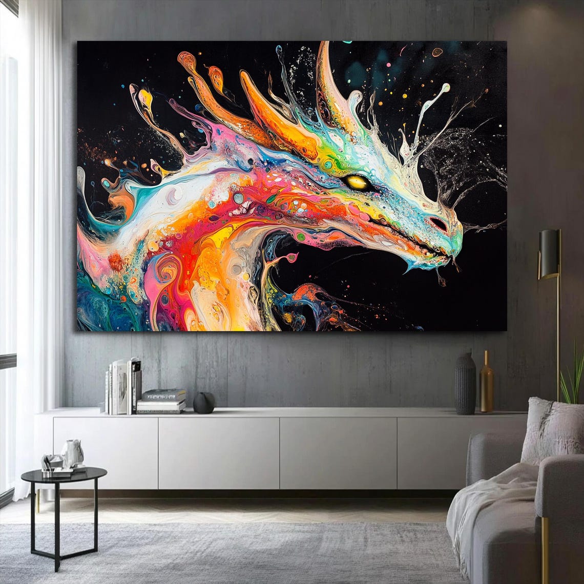 Colorful Paint Splash Dragon Head Side Profile Abstract Fantasy Poster - Image 2