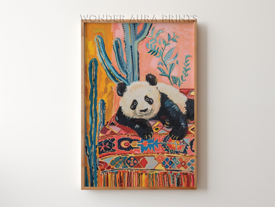 Smiling Panda Resting on Patterned Rug Maximalist Tropical Wall Art