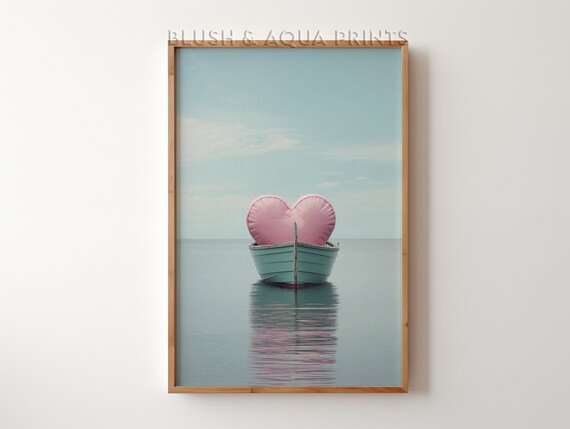 Pink Heart Boat On Calm Ocean Minimalist Romance Love Wall Art