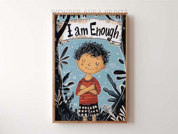 I Am Enough Happy Curly Haired Kid Jungle Affirmation Poster