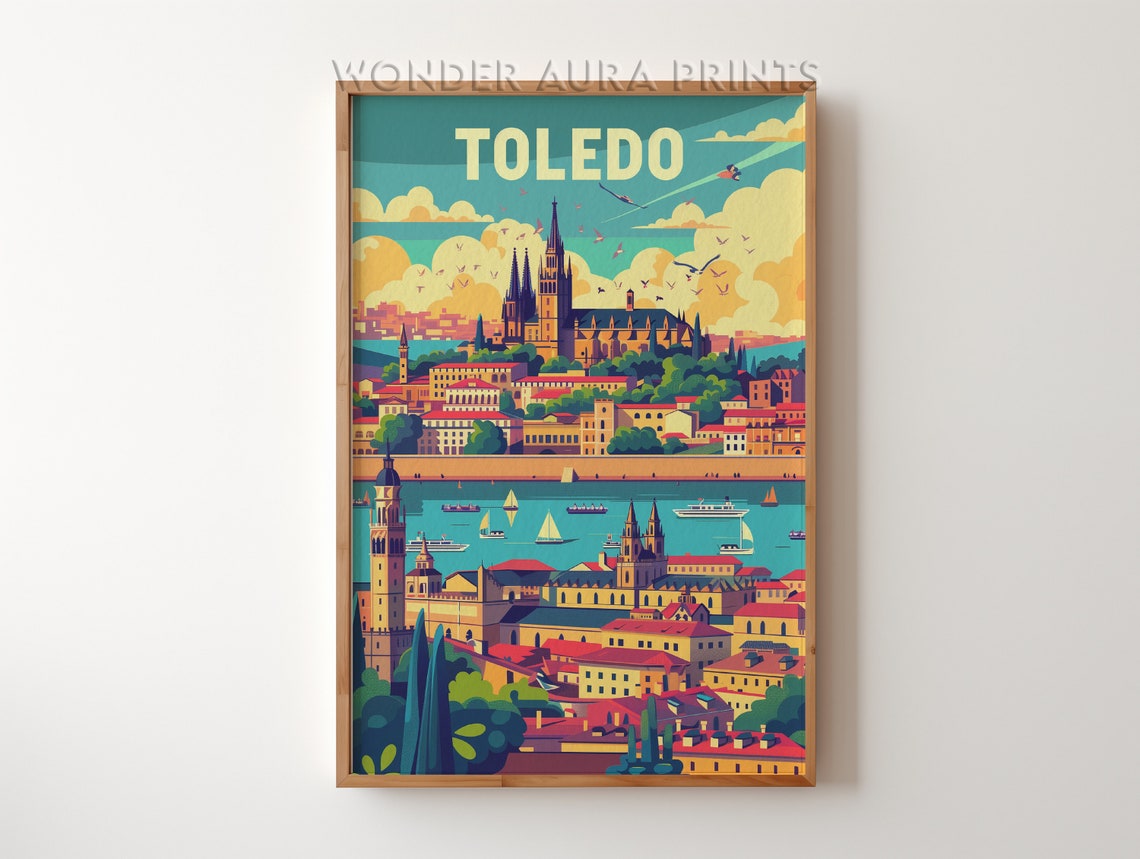 Toledo Spain Cathedral Old Town Riverside Vintage Travel Poster