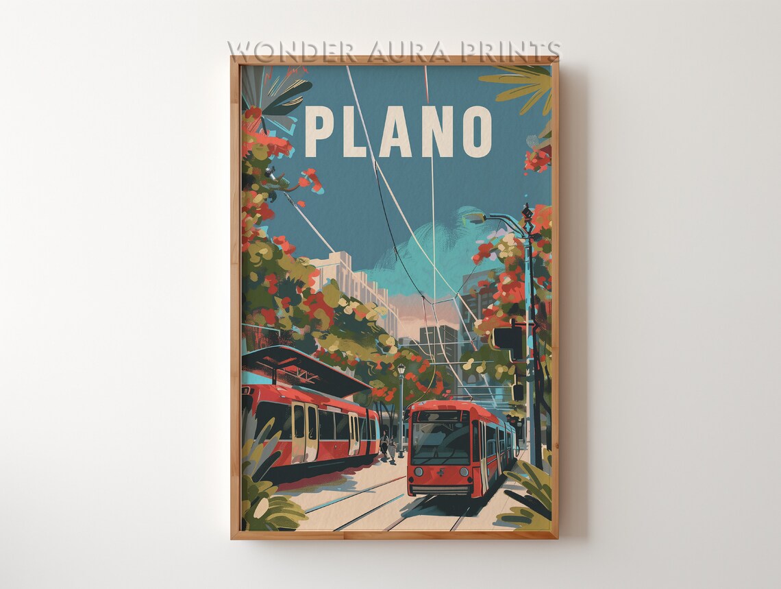Plano Red Trolley Street Vintage City Scene Retro Travel Poster