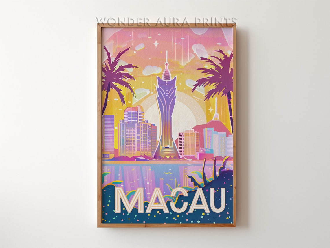 Macau Skyline At Sunset Grand Lisboa Palm Trees Travel Poster