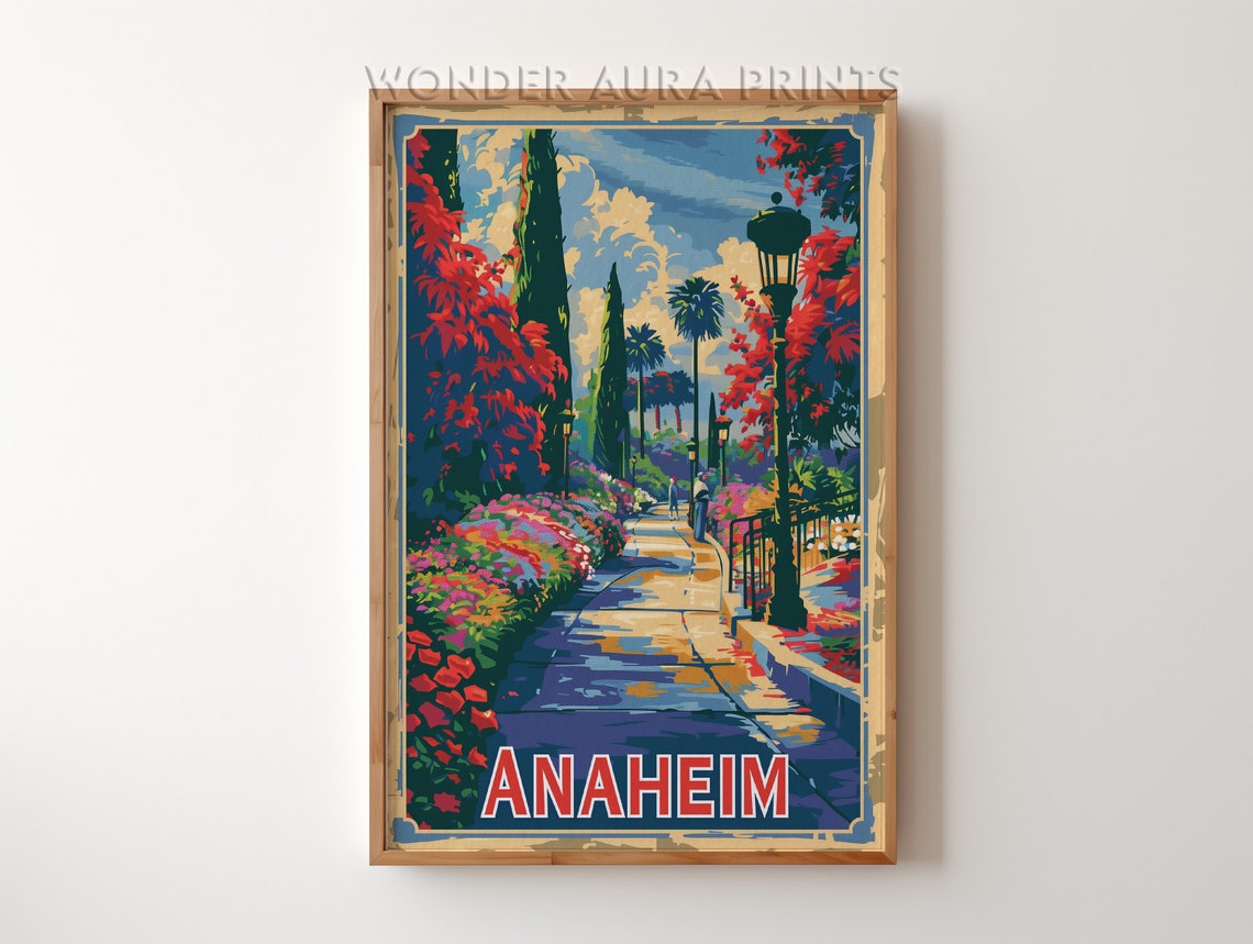 Anaheim Blooming Garden Path With Cypress And Lamp Posts Poster