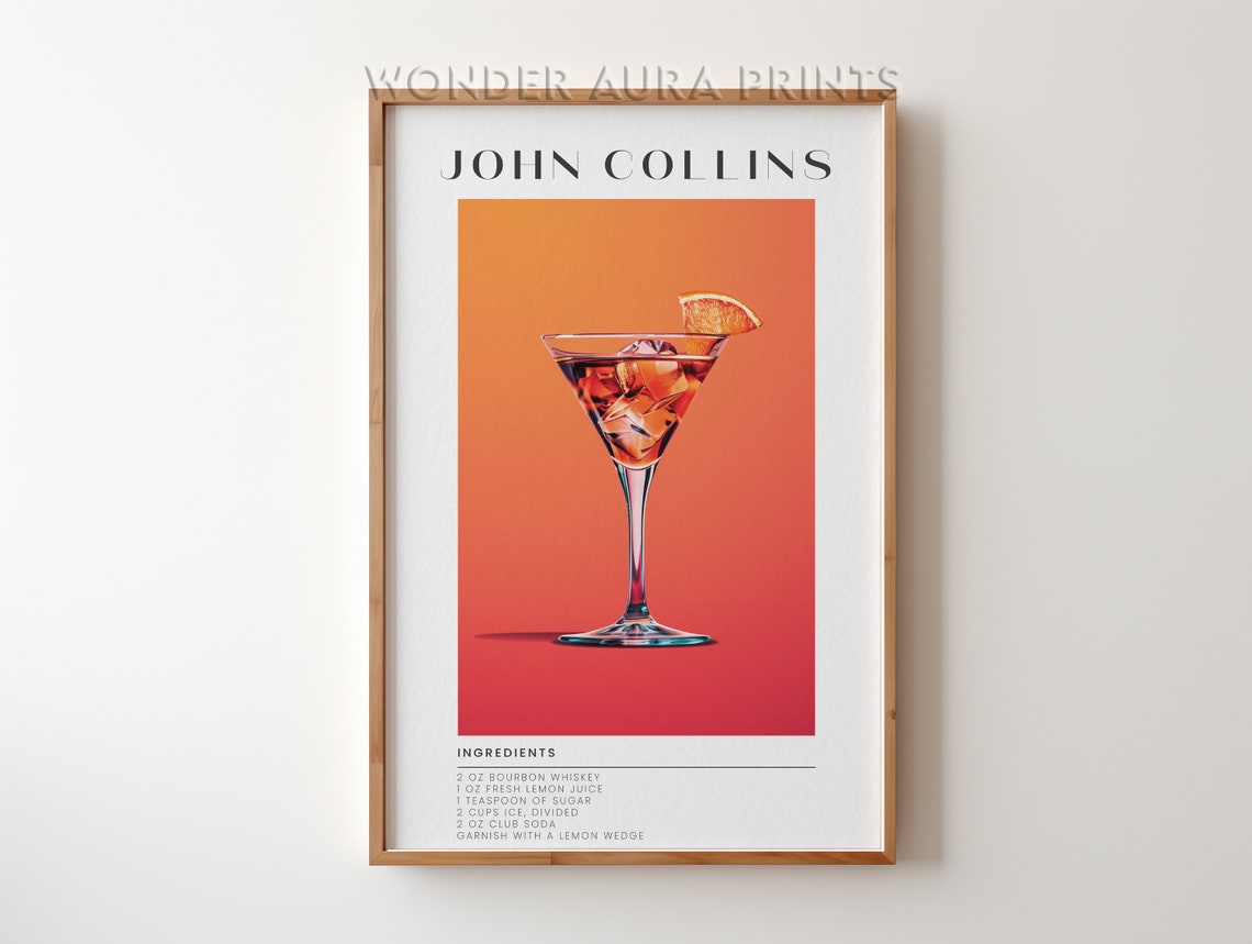 John Collins Classic Cocktail Recipe Orange Bar Style Art Poster