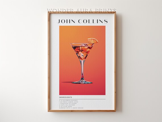 John Collins Classic Cocktail Recipe Orange Bar Style Art Poster