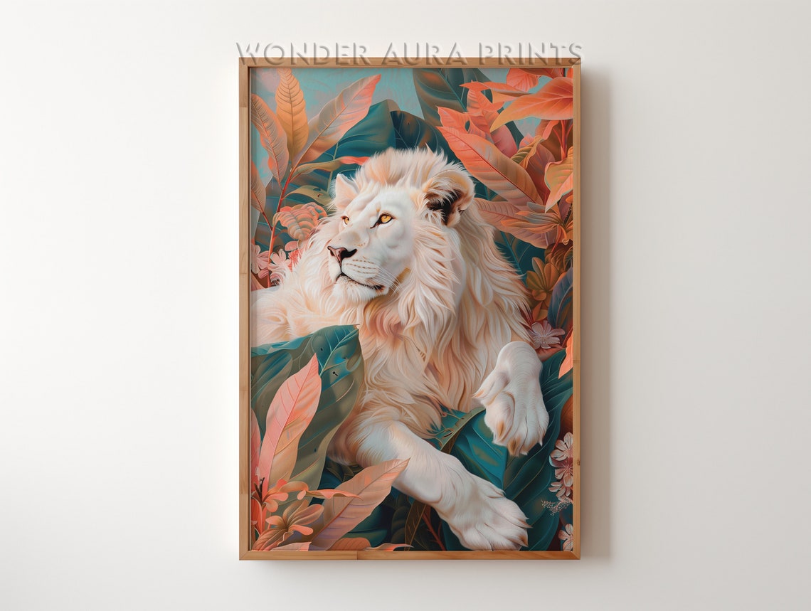 Preppy Albino Lion Print Maximalist Dopamine Decor Wall Art Jungle Wonder Aura Prints