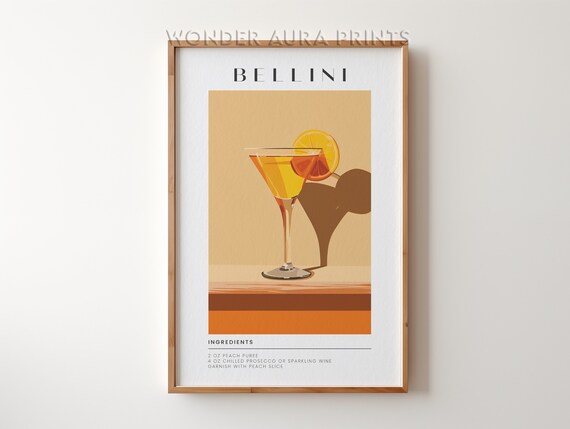 Bellini Cocktail Recipe Peach Prosecco Retro Orange Bar Print