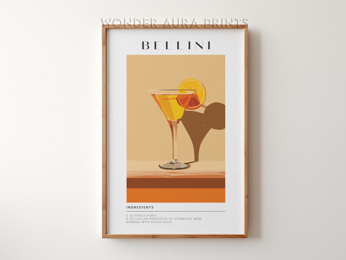 Bellini Cocktail Recipe Peach Prosecco Retro Orange Bar Print