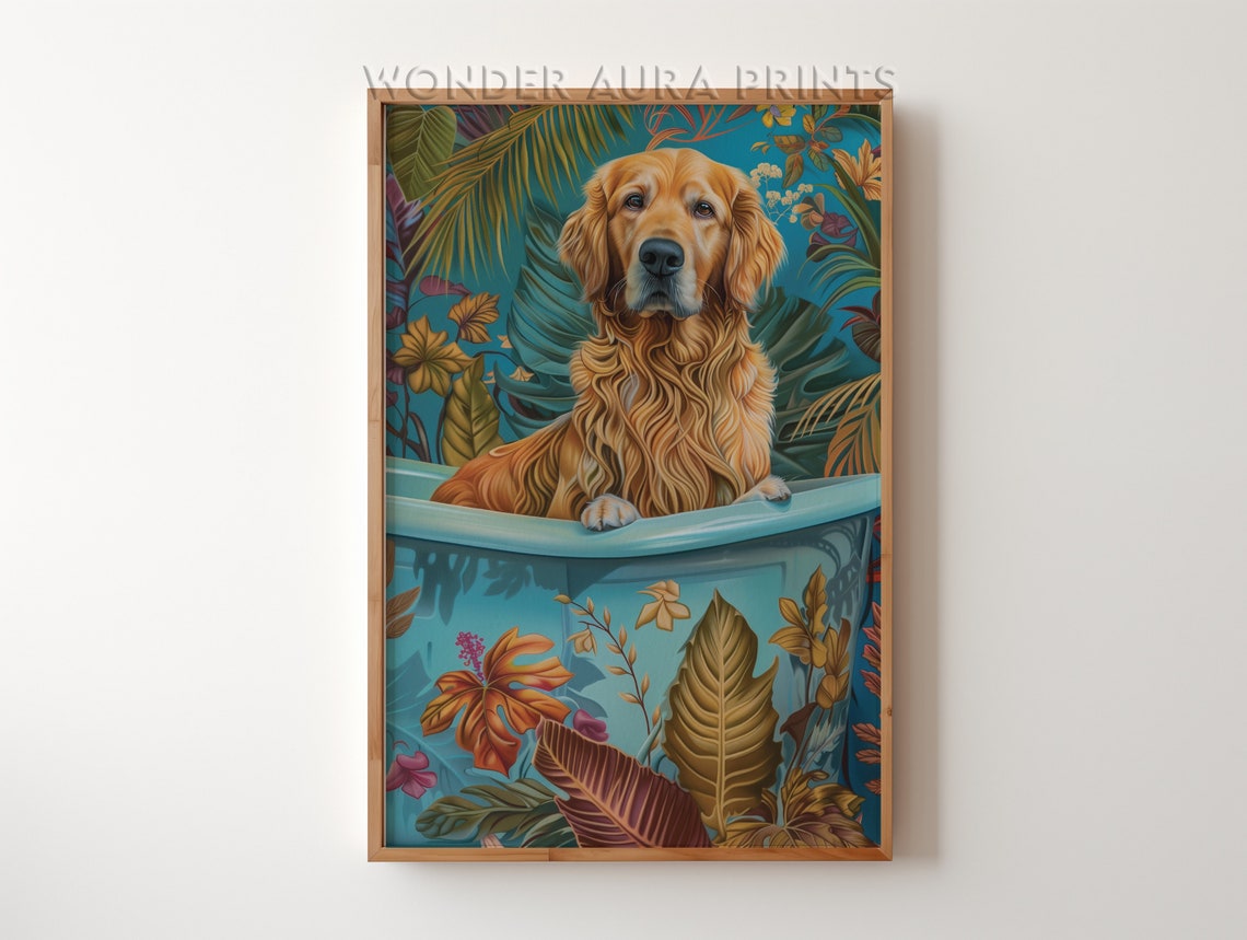 Golden Retriever Sitting in a Bathtub Tropical Jungle Wall Art