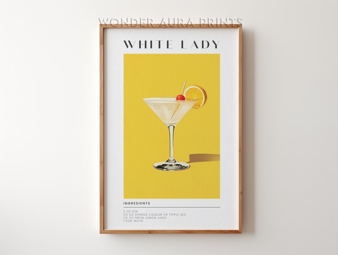 White Lady Classic Cocktail Recipe Retro Yellow Bar Art Poster