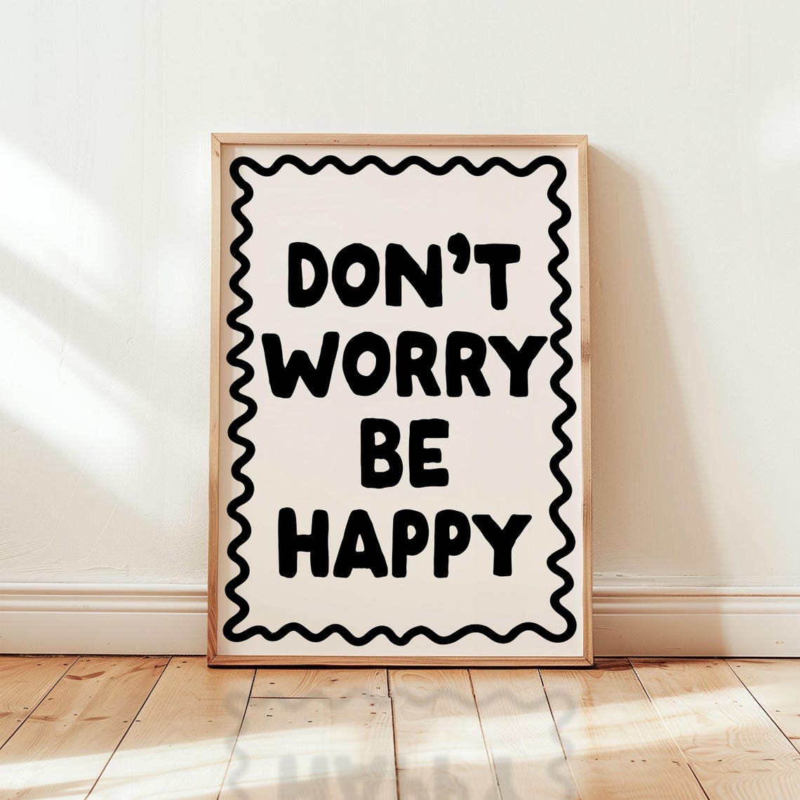 Dont Worry Be Happy Bold Black Wavy Border Retro Positivity Poster - Image 2