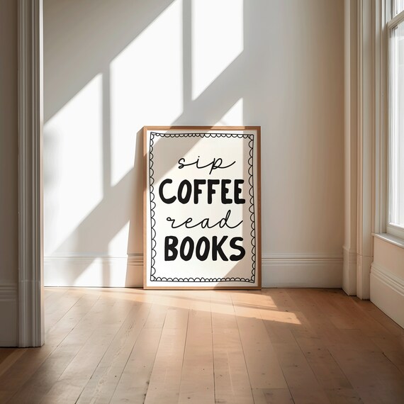 Sip Coffee Read Books Retro Neutral Art Print
