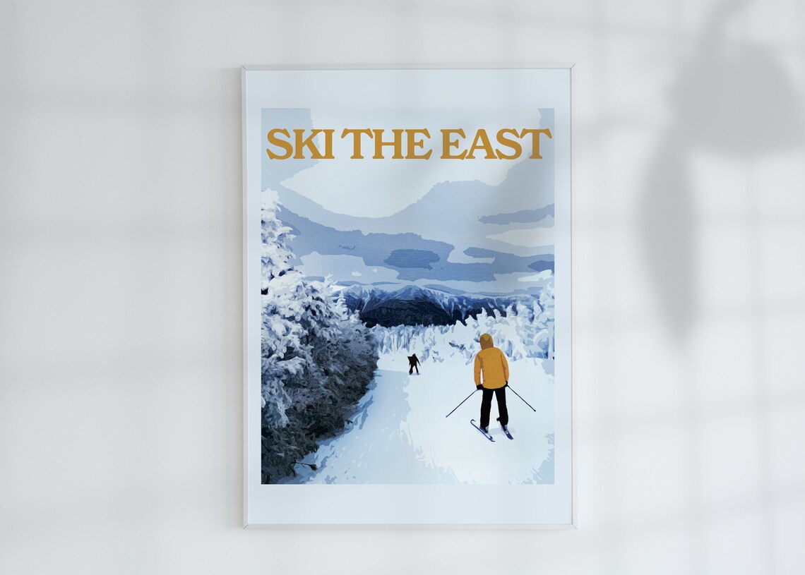 Ski The East Yellow Lettering Skier Gliding on Snowy Mountain Trail Poster