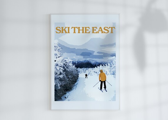 Ski The East Yellow Lettering Skier Gliding on Snowy Mountain Trail Poster