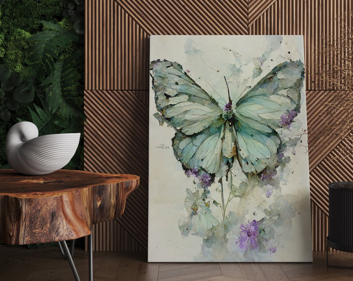 Mint Green Watercolor Butterfly with Purple Flowers Pastel Art Poster