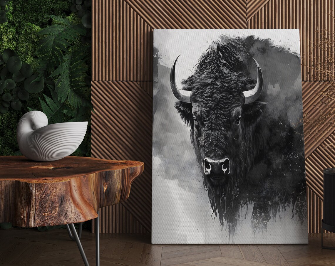 Monochrome Buffalo Portrait Watercolor Wildlife Artwork Poster
