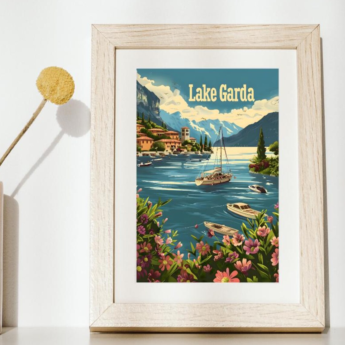 Lake Garda Italy Sailboats Alpine Mountains Retro Travel Poster