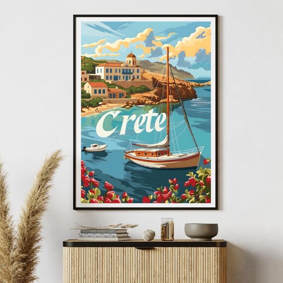 Crete Greece Sailboat Village Harbor Retro Vintage Travel Poster