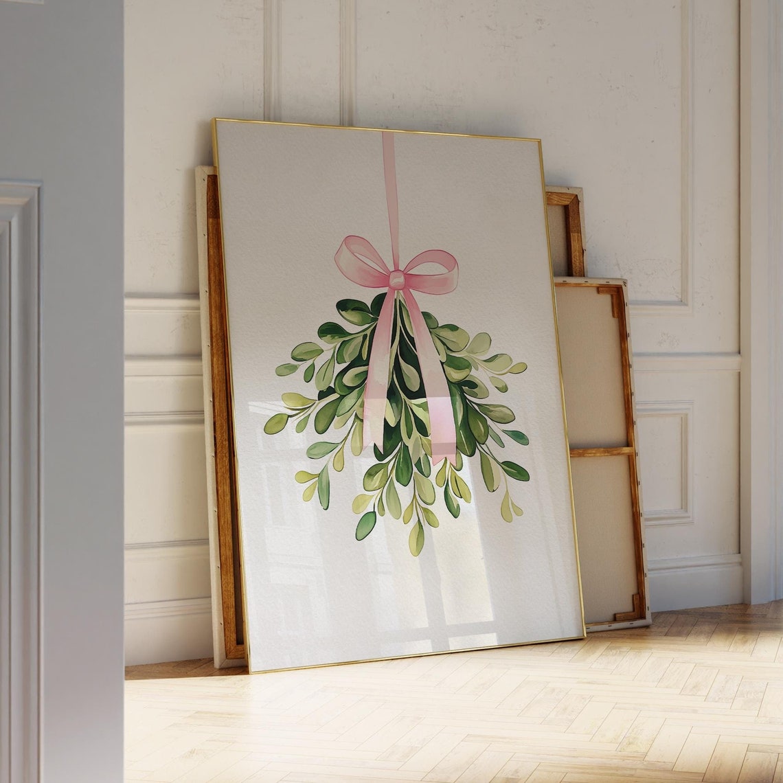 Mistletoe Christmas Print Pink Coquette Cute Holiday Decor Bow Wall Art Wreath