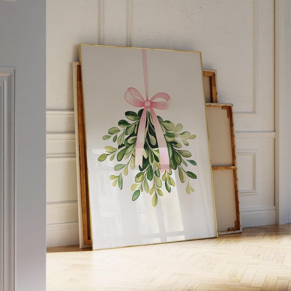 Mistletoe Christmas Print Pink Coquette Cute Holiday Decor Bow Wall Art Wreath