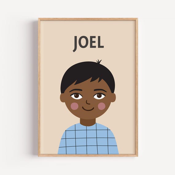 Personalized Portrait Boy Black Hair Illustration Wall Art Poster For Kids Nursery Playroom Birthday Gift