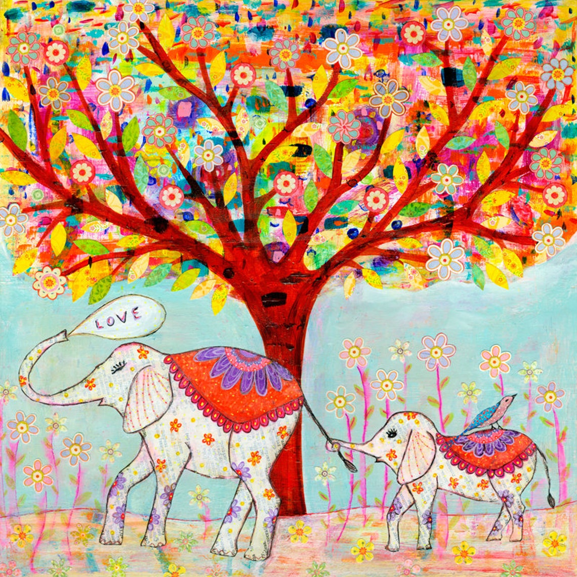 Two Decorated Elephants with Baby Under Blooming Tree Love Art Poster