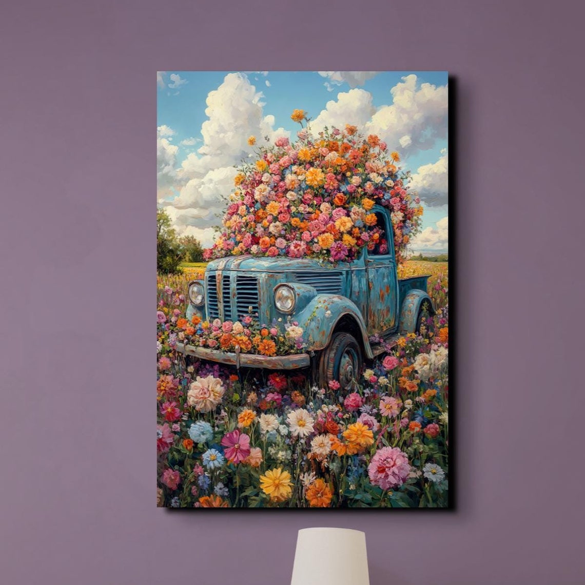 Vintage Blue Truck Overflowing With Wildflowers Spring Art Poster