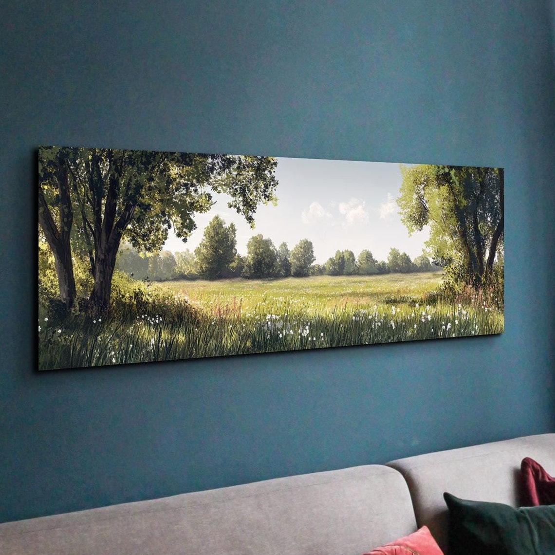 Serene Green Meadow Trees Tall Grass Panoramic Nature Poster