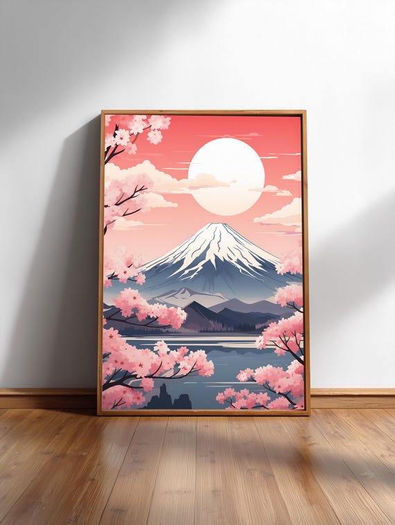 Japandi Cherry Blossom Print Mount Fuji Neutral Colors Multiple Sizes