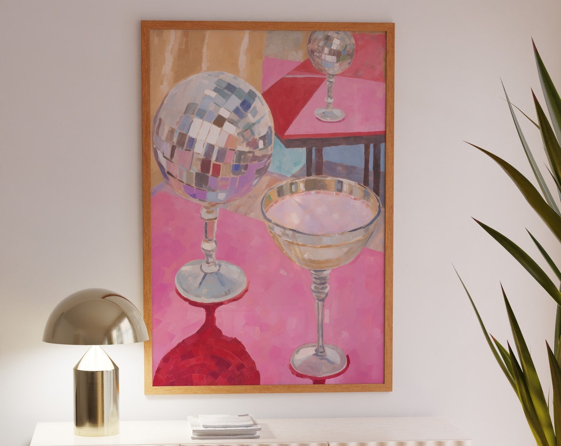 Disco Ball Cocktail Coupe Retro Party On Hot Pink Background Poster