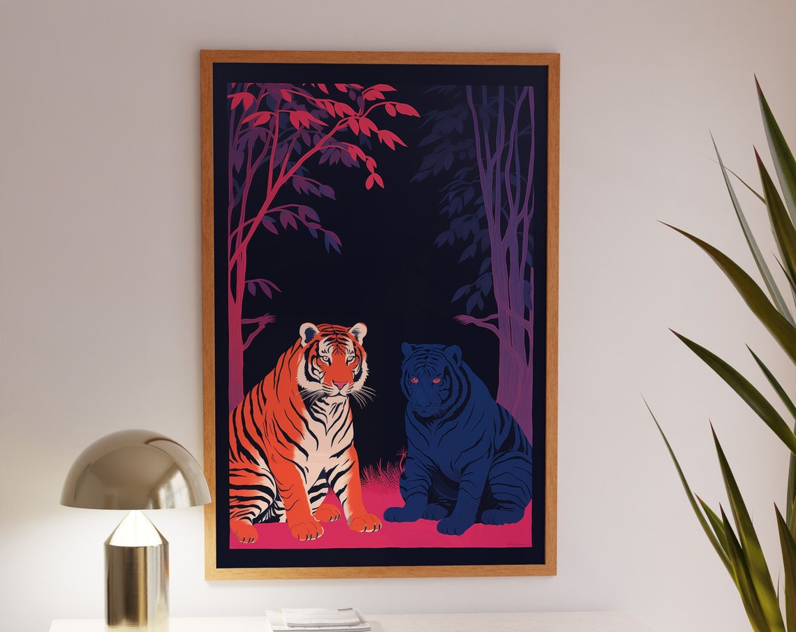 Two Tigers in a Neon Jungle Night Graphic Illustration Poster