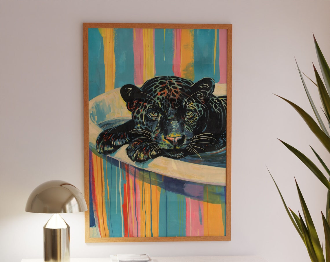 Black Panther Resting on Rainbow Stripes Fauvist Style Art Poster