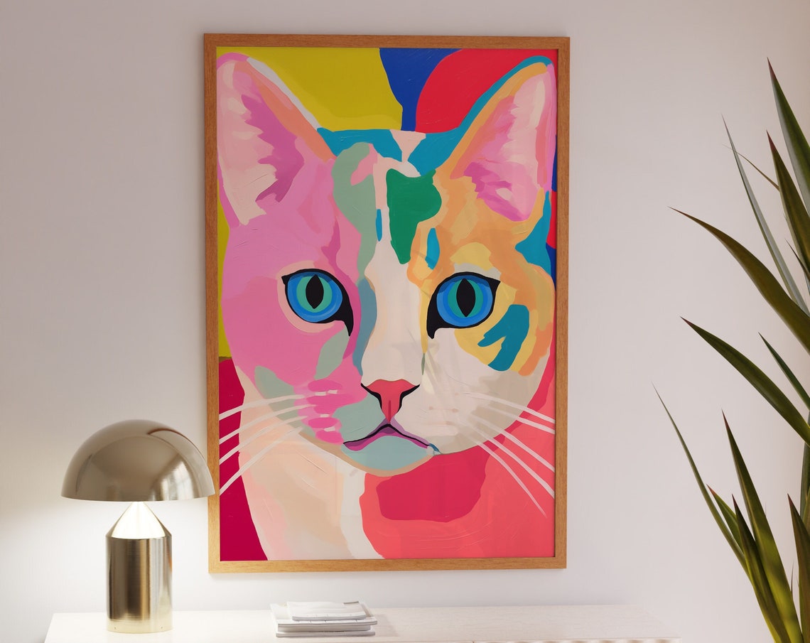 Colorful Pop Art Cat Face Close Up Vibrant Feline Art Poster