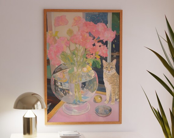Tabby Cat by a Fishbowl Vase of Pink Peonies Still Life Poster