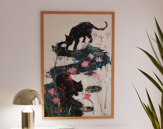Monet Water Lily Wall Art Black Cat Art Soft Patel Decor Sage Green And Blue Print Japandi Wall Art Cat Drawing Large Art Print
