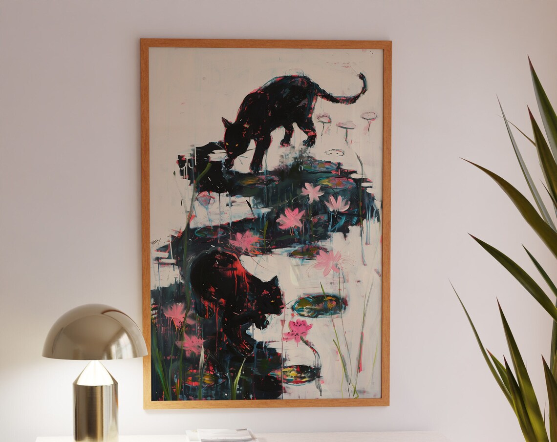Black Cat Duo Prowling A Midnight Water Lily Pond Scene Poster