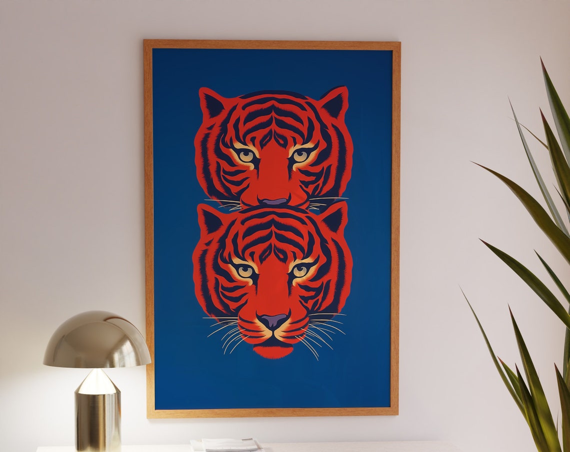 Mirrored Red Tiger Heads on Deep Blue Graphic Style Art Poster