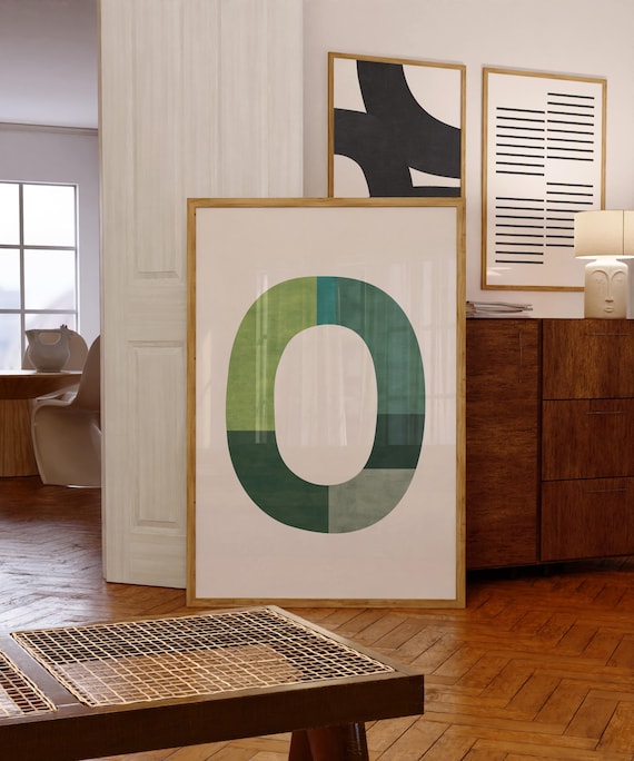 Modern Mid Century Green Tones Light Beige Minimalist Art Poster Contemporary Painting Geometric Shape Art