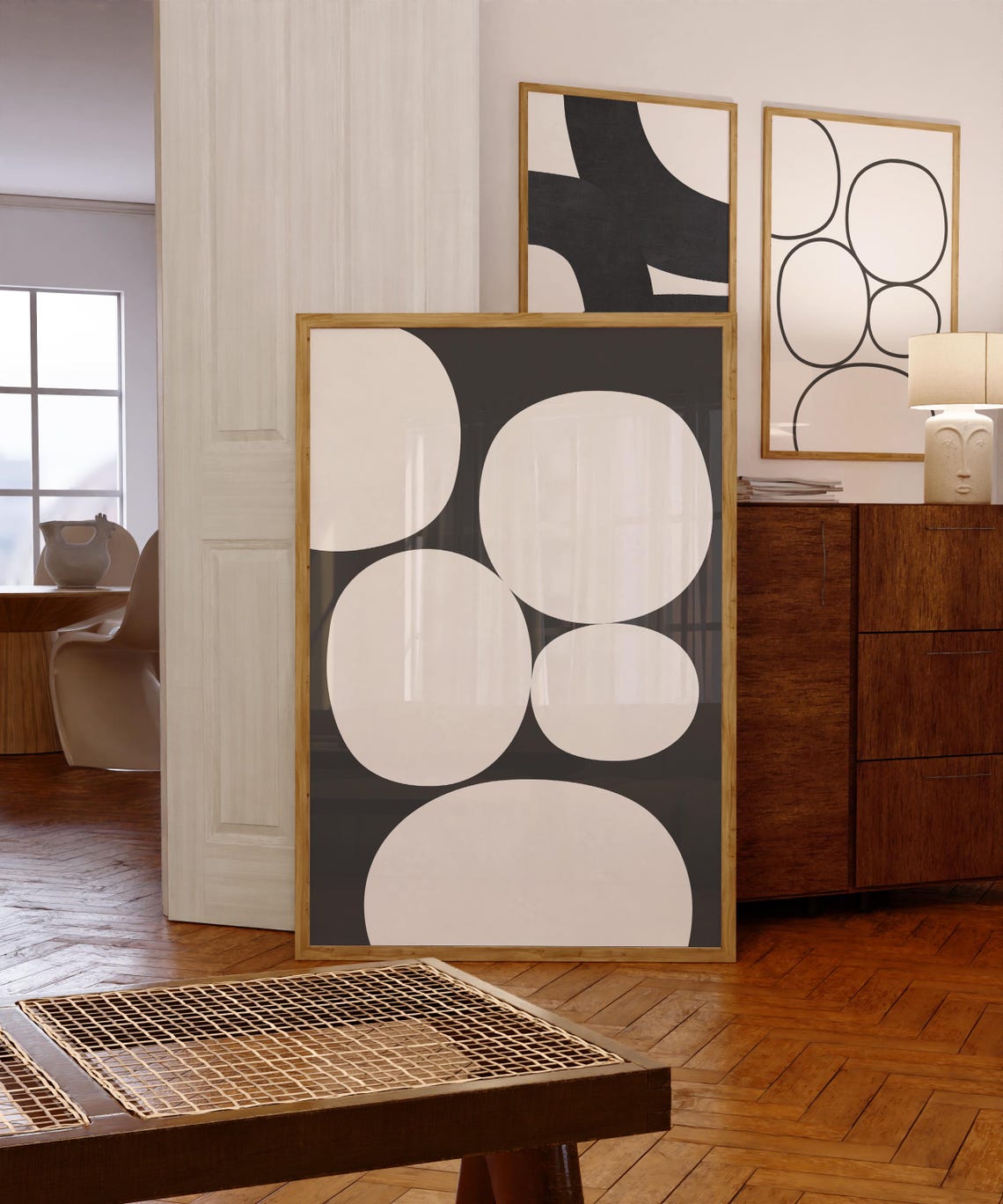 White Organic Circles On Soft Black Mid Century Modern Poster