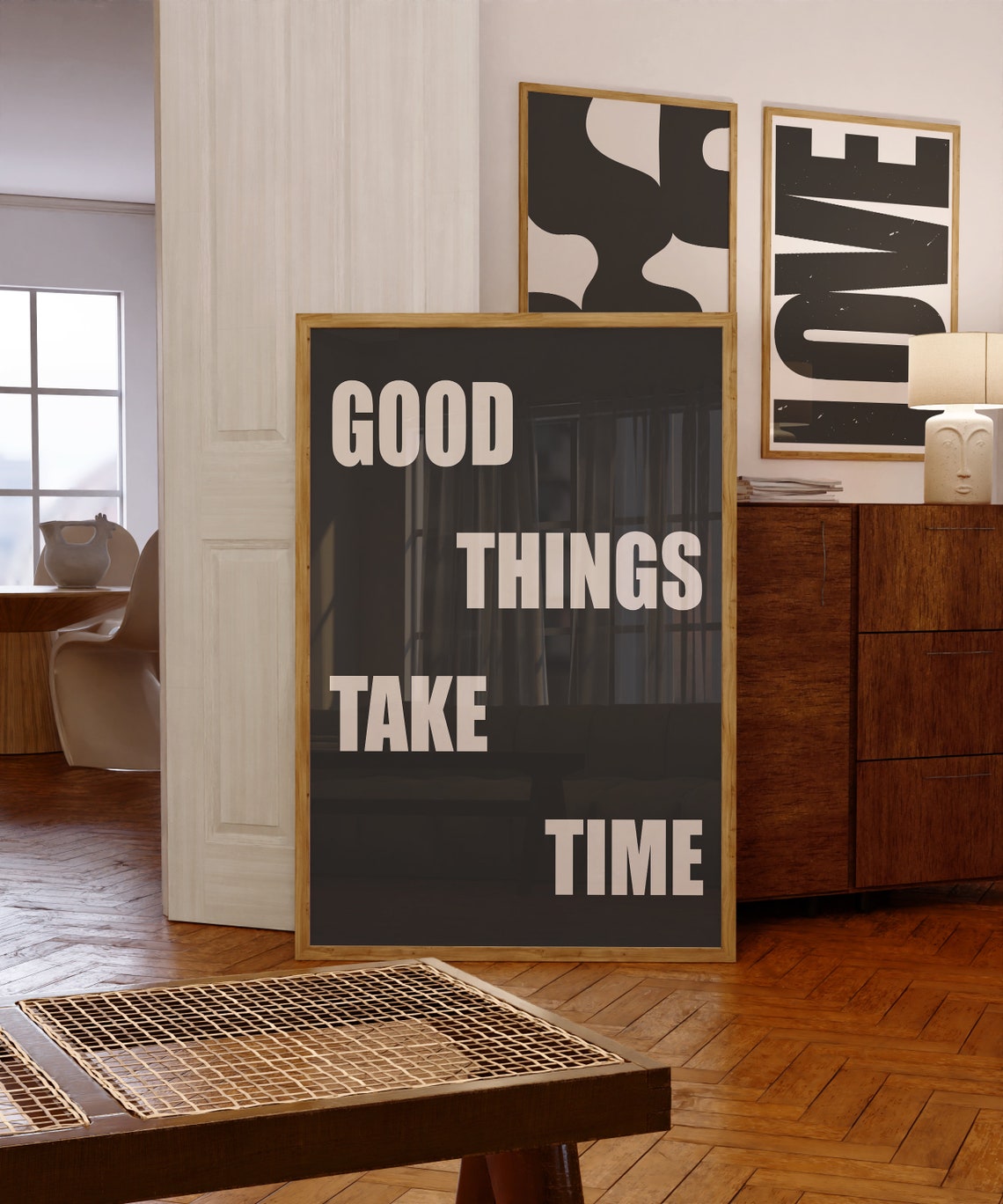 Good Things Take Time Bold Minimalist Typographic Beige Quote Wall Art