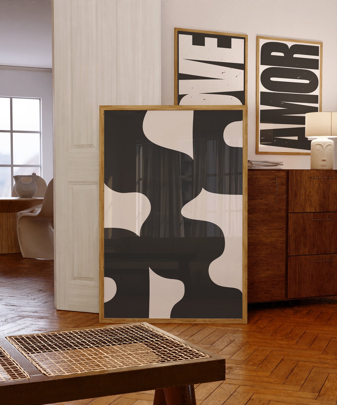 Midcentury Black Beige Organic Shapes Abstract Modern Wall Art