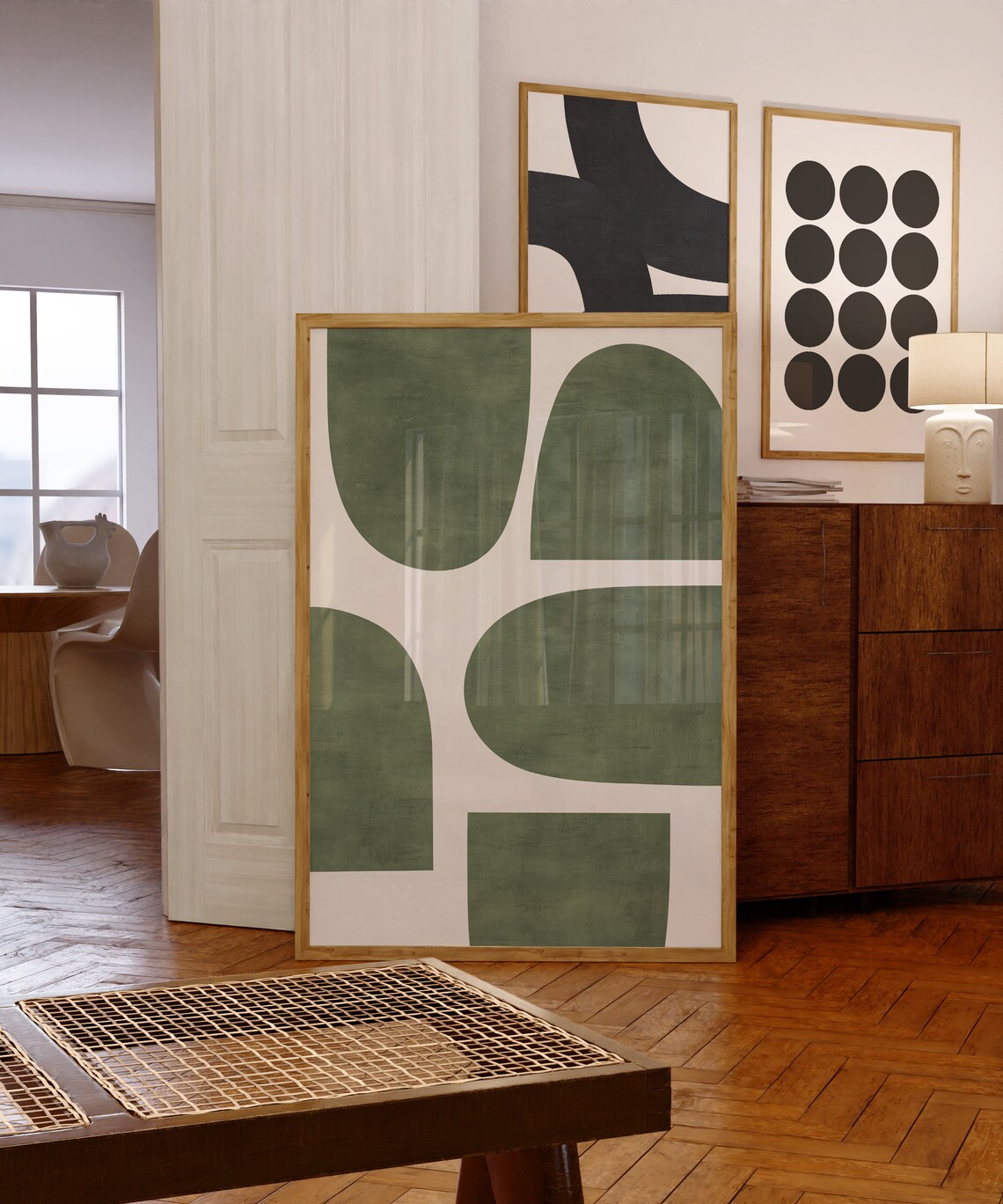 Minimalist Green Light Beige Mid-Century Poster - Image 2