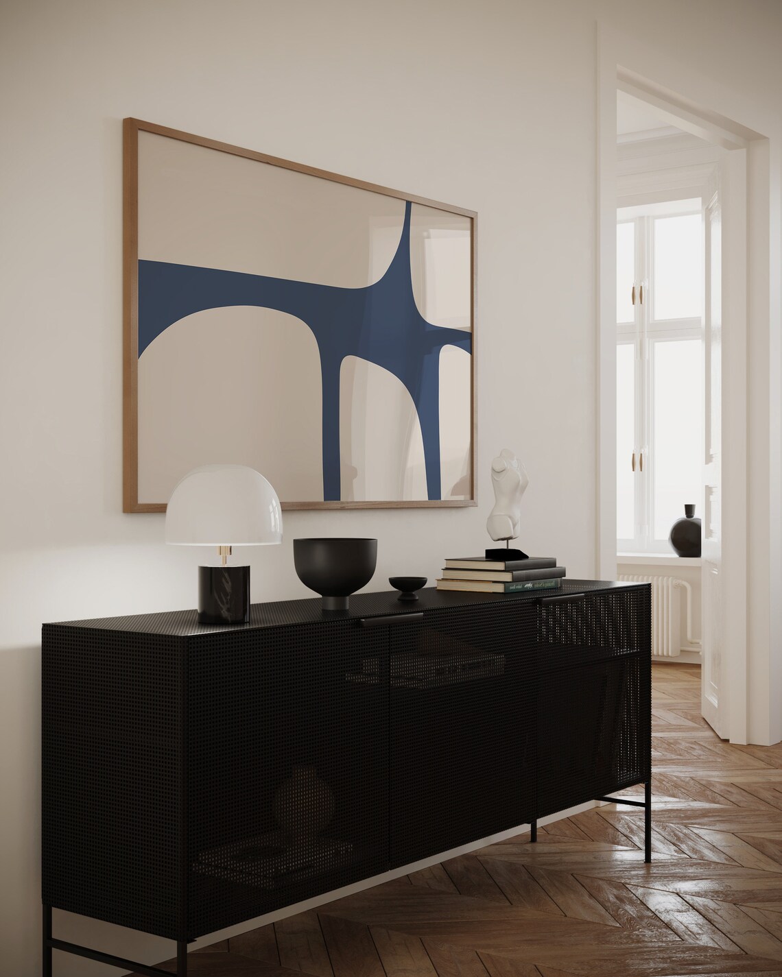 Mid-Century Minimalist Beige And Blue Abstract Art Print - Image 3