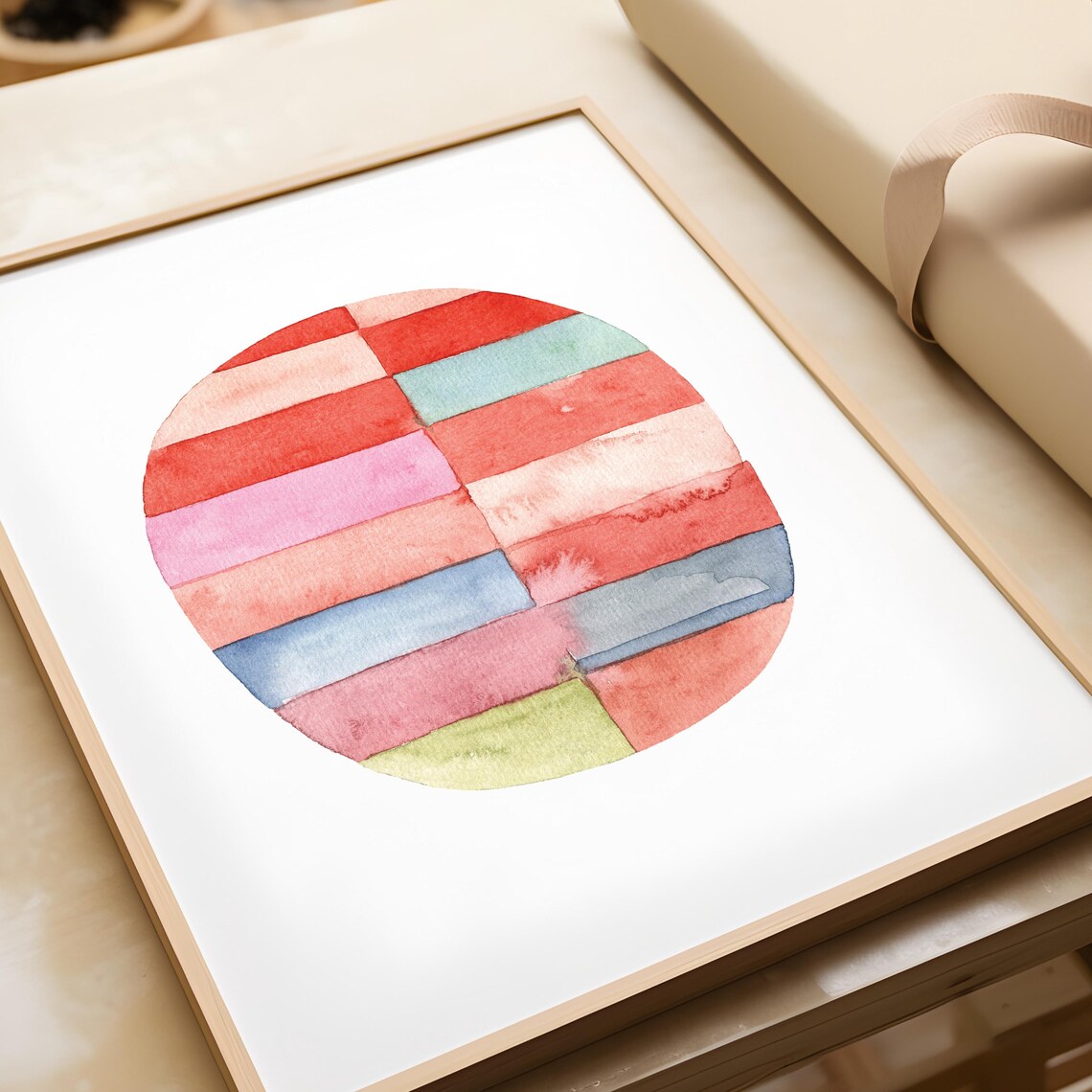 Watercolor Striped Circle Pink Red Blue Pastel Abstract Poster - Image 3